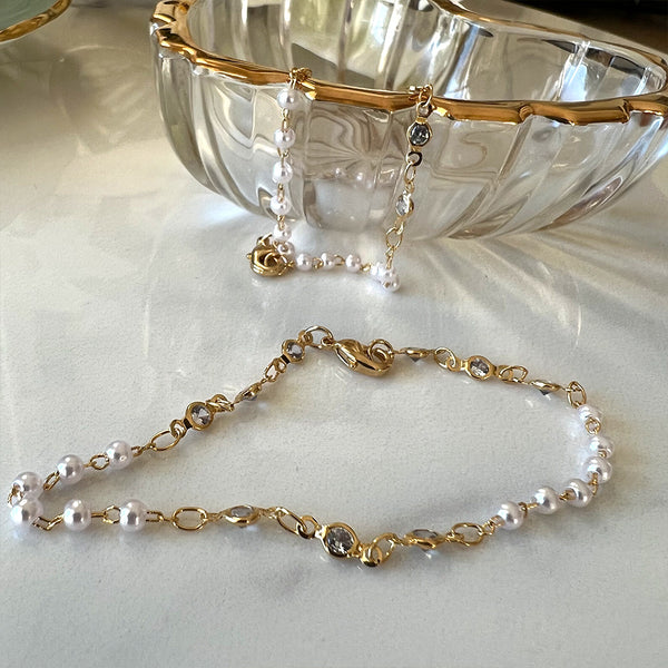 Pulsera de cadena con perlas y zircones, 18k Gold Filled, medida 18cm